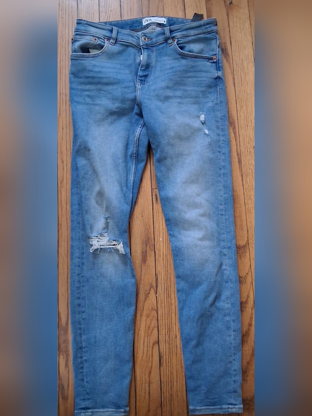 Zara - Women’s Blue Denim Distressed Style Stretch Pants. Size 8